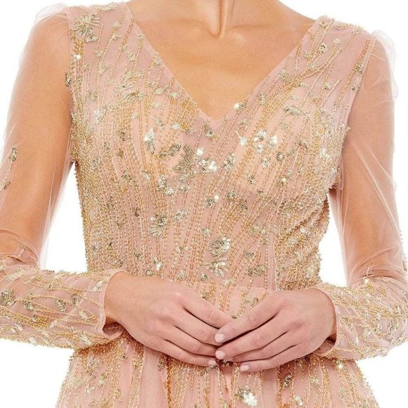 NWT MAC DUGGAL EMBELLISHED V NECK LONG SLEEVE A-LINE GOWN 20295 $798 PINK - Picture 2 of 6